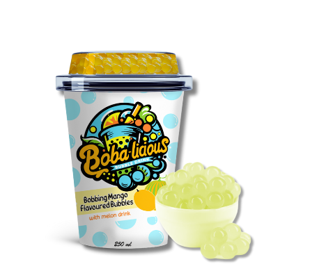 Bobalicious mango flavored bubbles with melon drink in a cup.